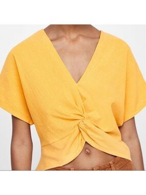 ZARA mustard knotted textured weave top Sz S